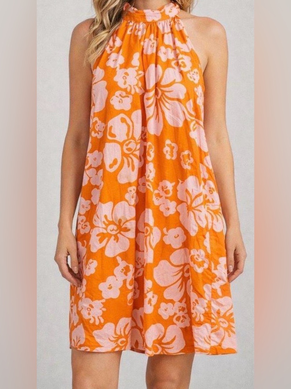 J.Crew Orange and Pink Tropical Hibiscus Floral Halter Neck Mini Dress Sz 4 NWT